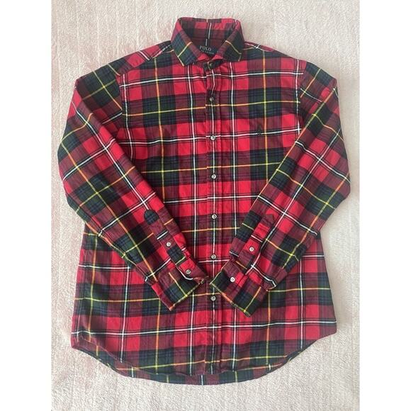 Polo Ralph Lauren Flannel Button Down Shirt Size Large Long Sleeve Red Blue - Picture 1 of 10